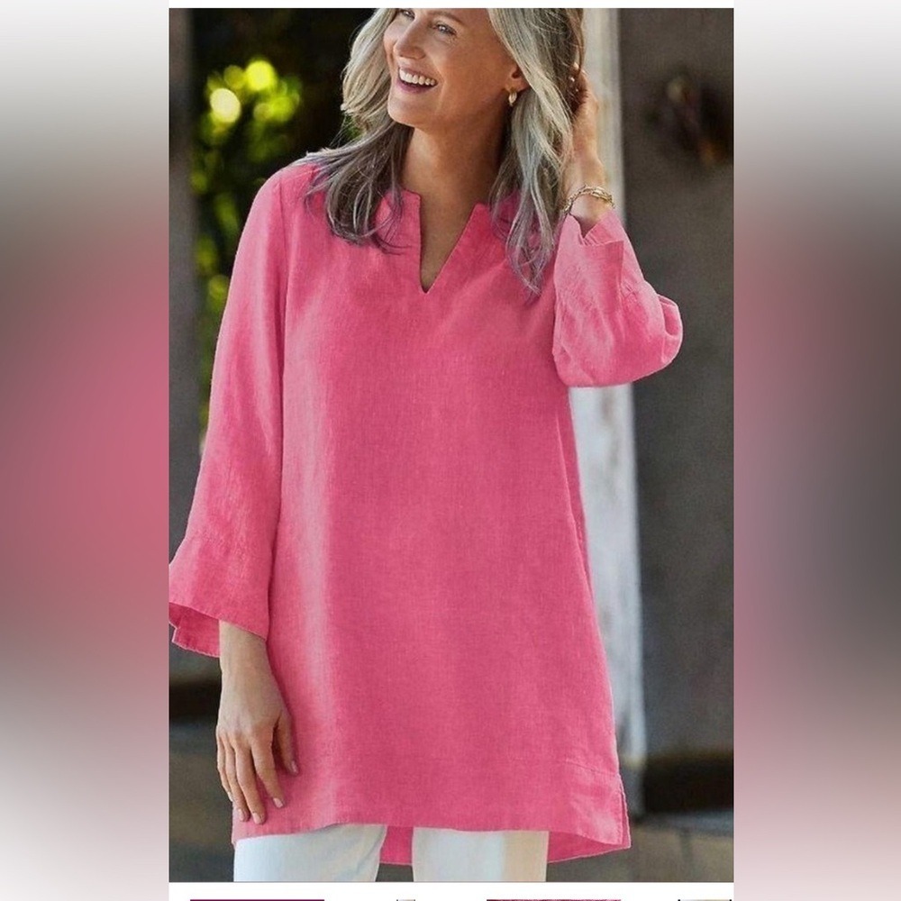 Lands End Pink‎ Linen Lightweight Coastal Grandma Tunic Size L